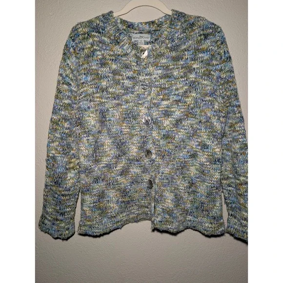 WindiRiver Cardigan Women Small Blue Green Space Dye Chunky Knit Excellent Shell