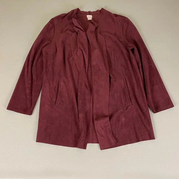 Chicos Cardigan Jacket Size‎ 3 (US XL 16 18) Burgundy Faux Suede Open Front