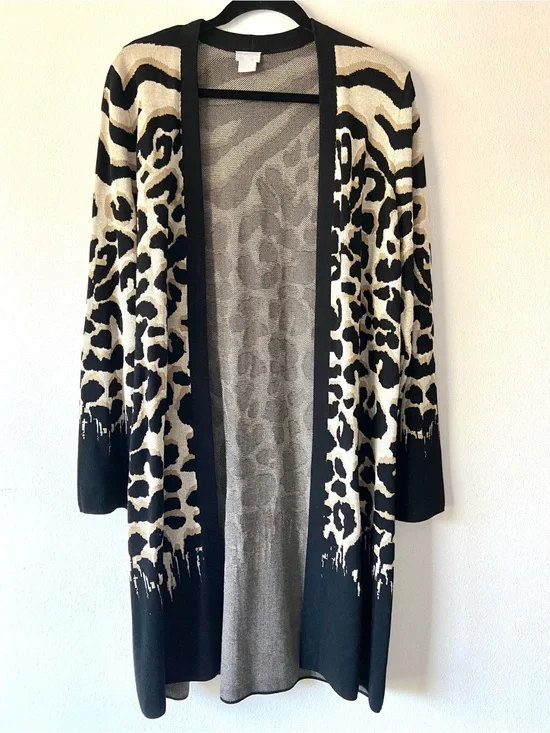 Chico’s Animal Print Open Front Long Cardigan Sweater Size 2 (US L) Black Beige