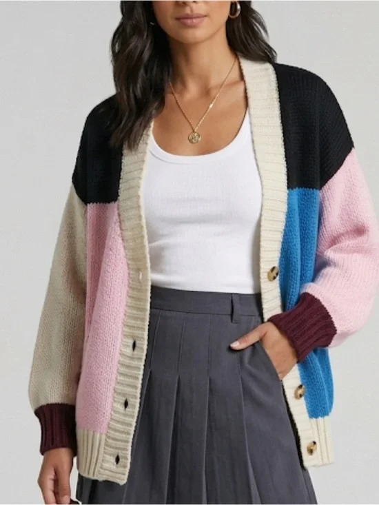 Forever 21 Colorblock Button-Up Cardigan in Pink, Blue, Cream, Black