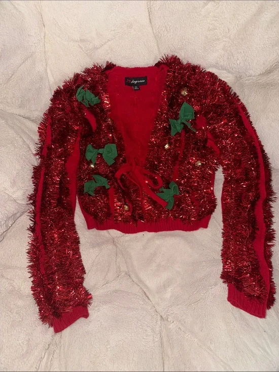 Bayrose Red Holiday Tinsel Tie-Front Cardigan