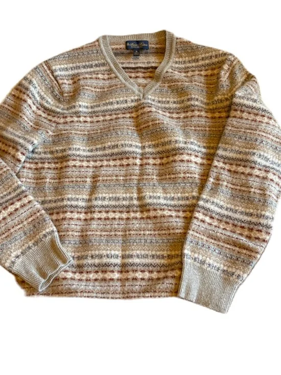 Brooks Brothers Lambs Wool V-Neck Sweater XL Fair Isle Tan Red Cream