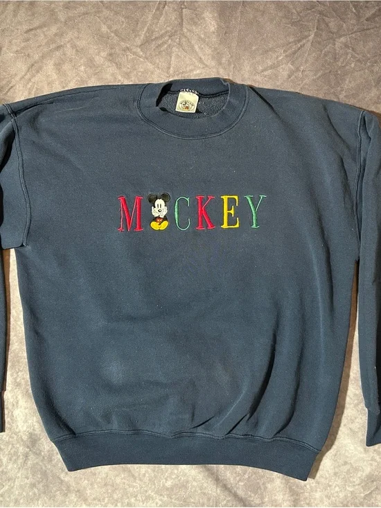 Vtg Navy Embroidered Mickey Mouse Crewneck Sweater with Colorful Lettering