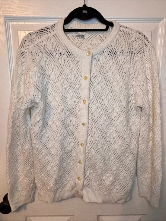 Vintage It’s Pure Gould Ivory Pointelle Cable Knit Cardigan Sweater Made USA