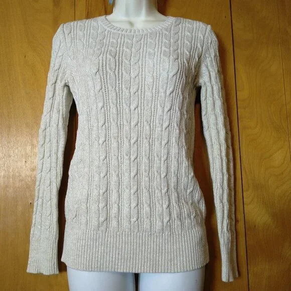 St. John's Bay Cable Knit Long Sleeve Sparkle Sweater Size Small Neutral Classic