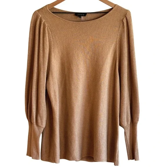 1 STATE Women Ribbed Balloon Sleeve‎ Sweater Camel Tan Size L