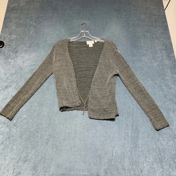 CDC Cardigan Sweater Womens L Heather Gray Metallic Knit Scalloped Hem Tie Front