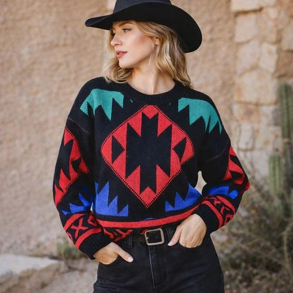 Vintage‎ 80s 90s Spring Seasons Colorful Southwestern Geometric Sweater Sweater