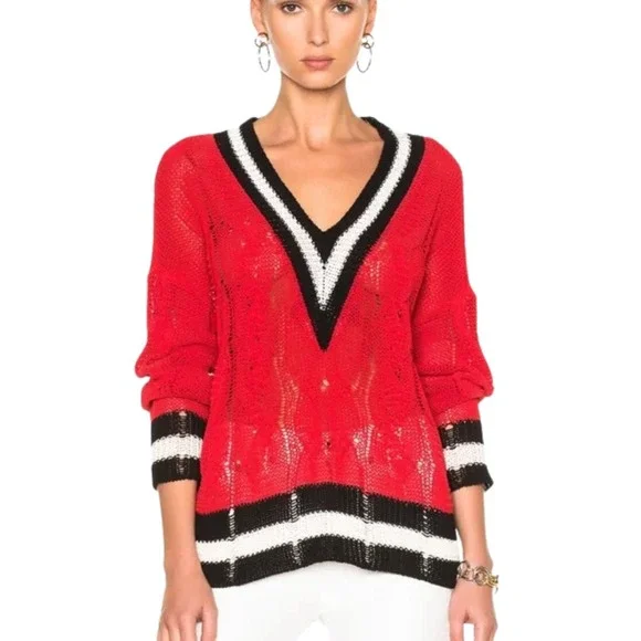 Rag & Bone Red Open Knit Cable Varsity V-Neck Sweater Mens Medium Striped Trim‎
