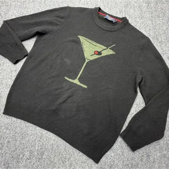 Vineyard Vines Mens L Black Merino Wool Martini Graphic Sweater NWOT