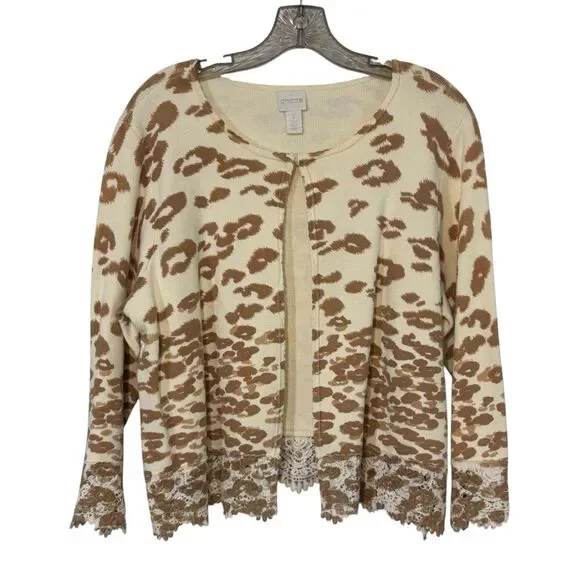 Chico's Open Front Animal Print Cardigan Lace Trim Cream Brown Chico's Size 2