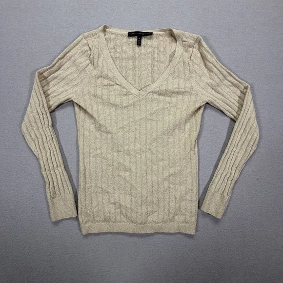 White House Black Market Womens Sweater Slim Gold Metallic Ribbed V-Neck M
