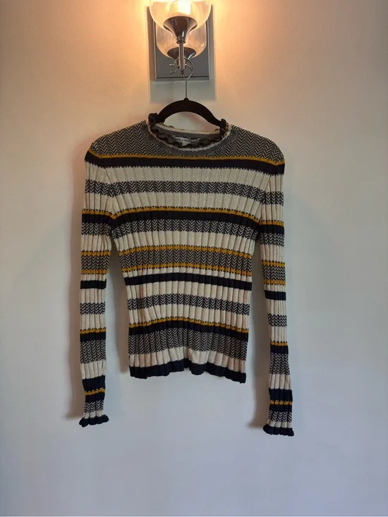 Autumn Cashmere Navy, Cream & Mustard Striped Knit Top