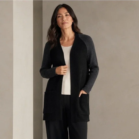 Eileen Fisher Raglan Cardigan Sweater Black Charcoal Merino Wool Women Sz XXS