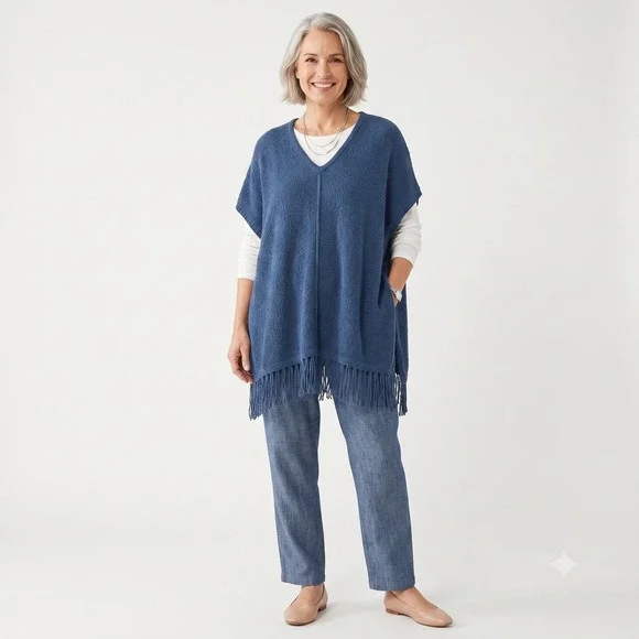 Pure Jill Blue Textured Knit V-Neck Fringe Hem Poncho Sweater Plus Size 3X