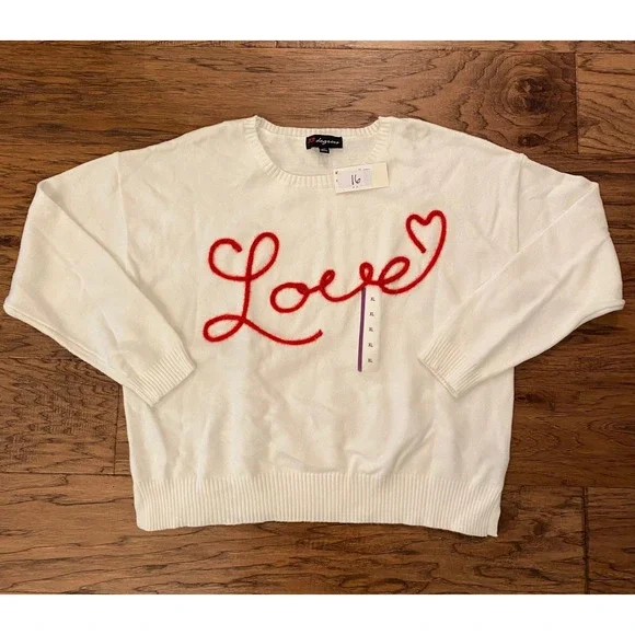 33 Degrees Womens White Love Heart Embroidered Crewneck Sweater XL New