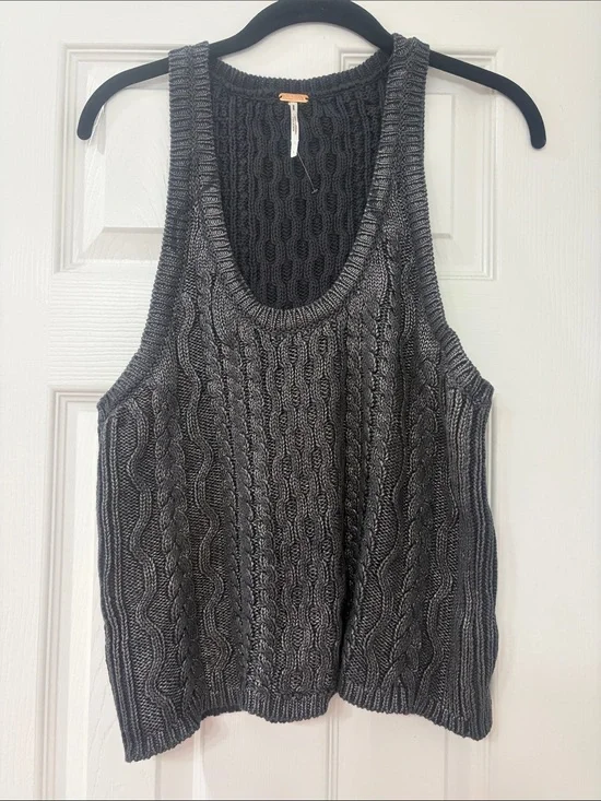 Free People Charcoal Gray Cable Knit Scoop Tank