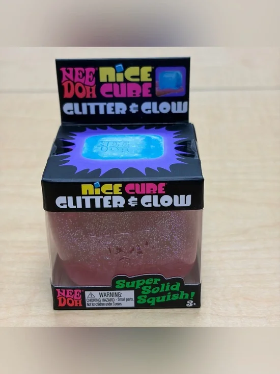 NeeDoh Nice Cube Glitter & Glow Squishy Stress Toy Pink Super Solid Squish New