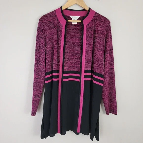 Misook Magenta Black Knit Cardigan Long‎ Sleeve Open Front Striped