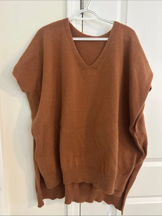 Oversized V-Neck Women's Sweater Vest/Poncho in Rust