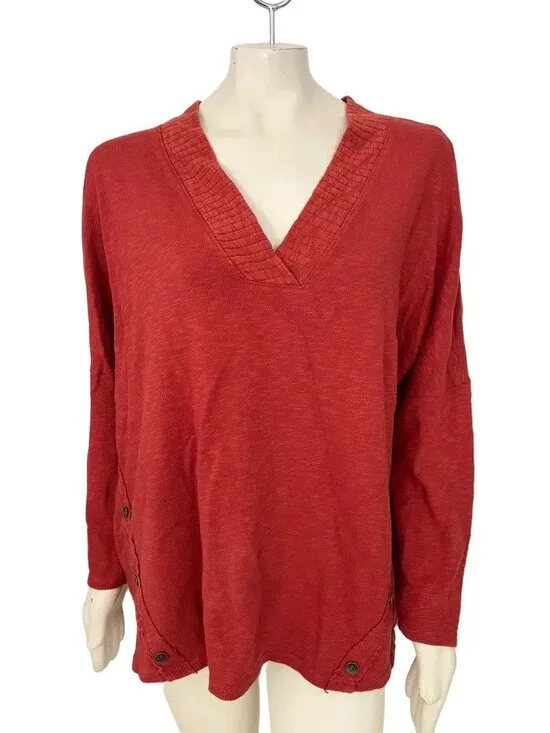 CHALET Slub Cotton Asymmetric Button Lagenlook Dolman Sweater Red Orange SZ L