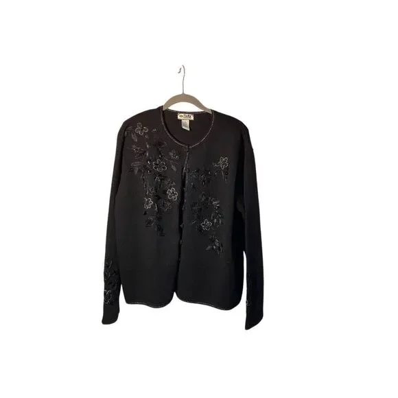 Tiara international vintage, women’s black, embellished, beaded cardigan, sweate