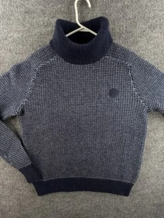 Fred Perry Thick Waffle Knit Turtleneck Sweater Large Logo Blue Wool Pullover