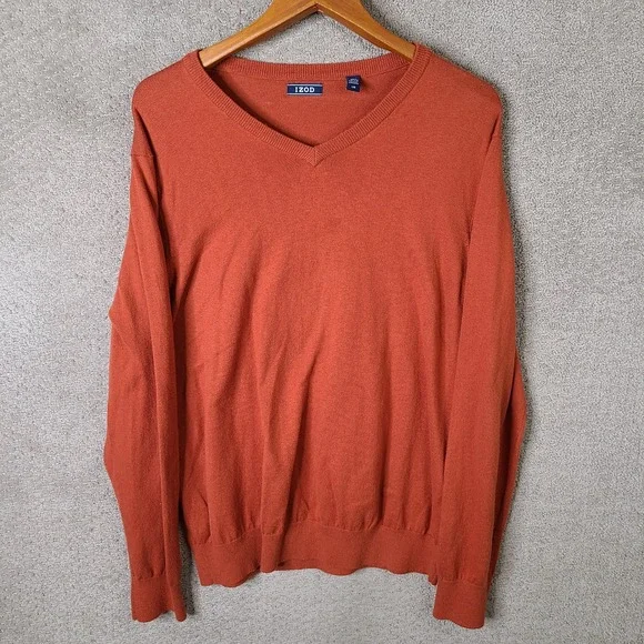 Izod Sweater Mens Large Orange V Neck Cotton Blend‎ Long Sleeve Casual Pullover
