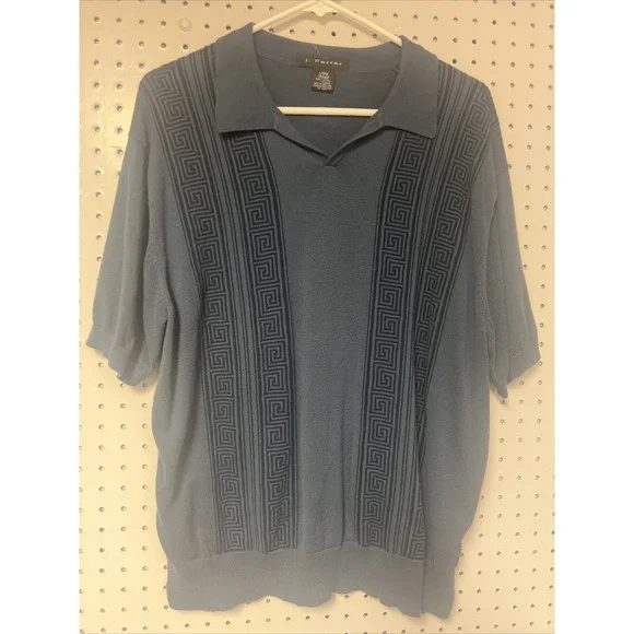 Vintage J Ferrar Collared V Neck‎ Blue Cotton Shirt Geometric Shapes Large