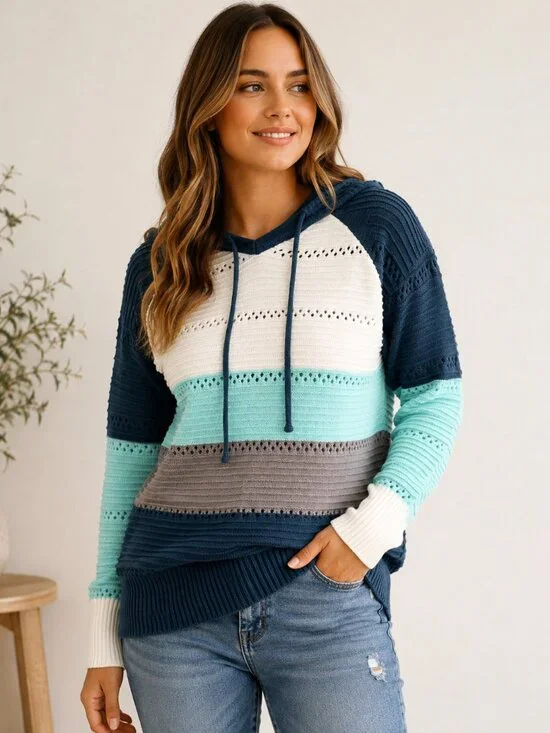 Boho Color Block Knit Hoodie Sweater Soft Cozy Lightweight Pullover Top Medium