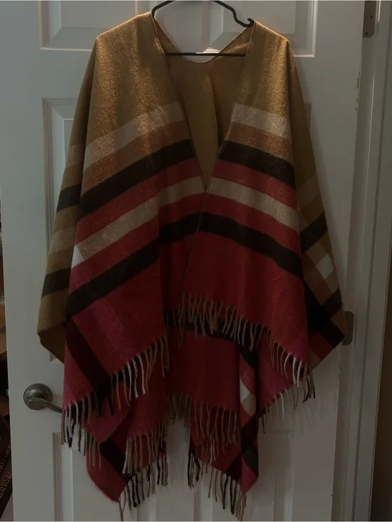 Striped Fringe Throw Poncho in Tan/Black/Pink