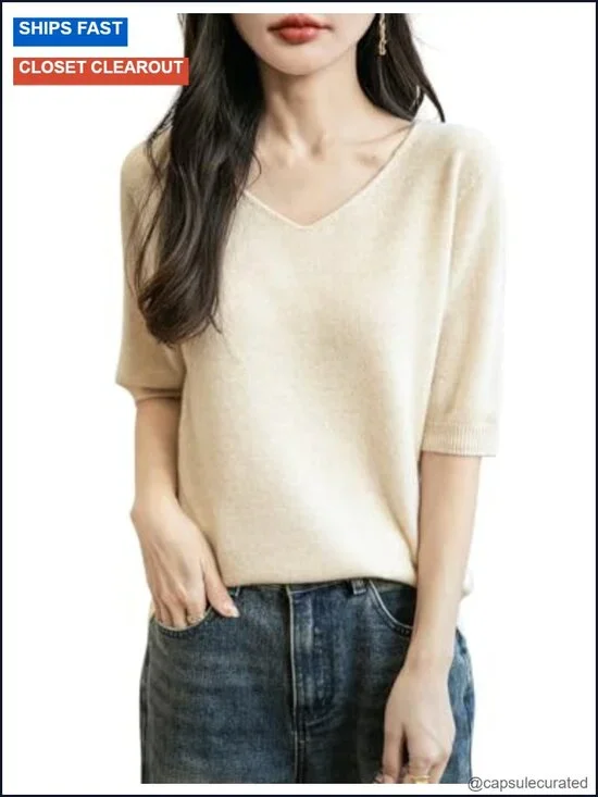 100% Merino Wool V-Neck Seamless Short Sleeve Sweater
