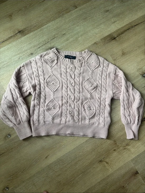 Women's Pink Cable Knit Sweater with Pearl Accents