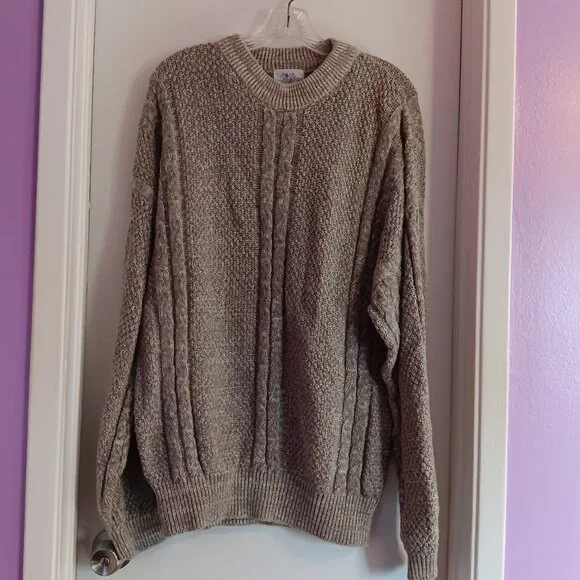 TOGETHER MEN'S HEATHER TAUPE CREW NECK SWEATER MEDIUM
