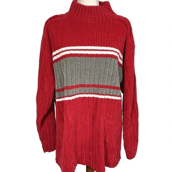 Southpole Sweater Men Large Red Gray White Stripe Chenille Pullover Buckeye‎