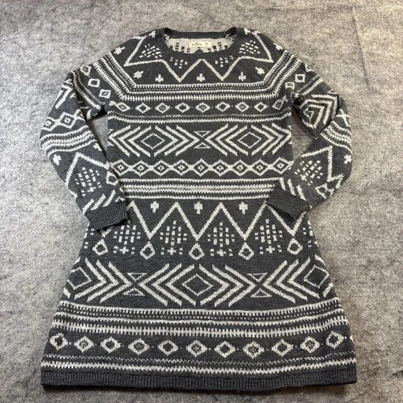 Hollister Sweater Dress Women's Medium Gray & White Geometric Tribal Fair Isle