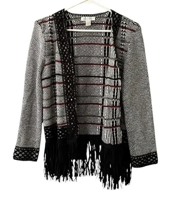 Christopher & Banks Women Size Small Open Front Crochet Faux Suede Fringe Chic