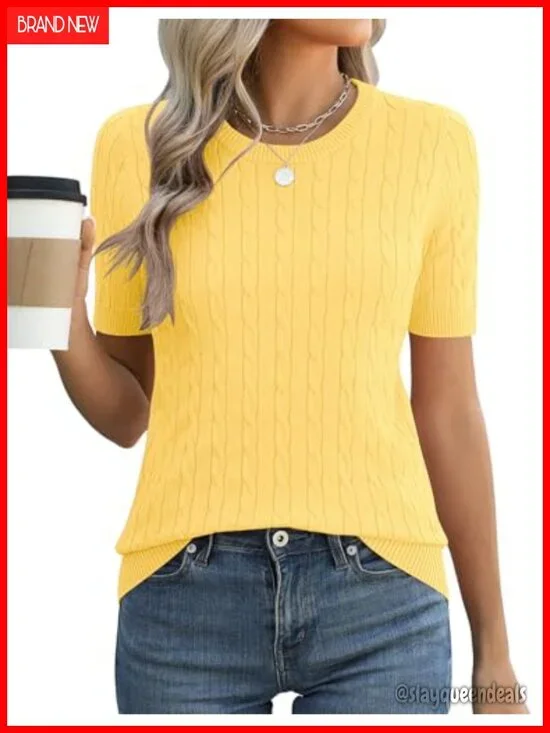 Short Sleeve Cable Knit Crewneck Sweater Top, Soft Lightweight Knit for Office