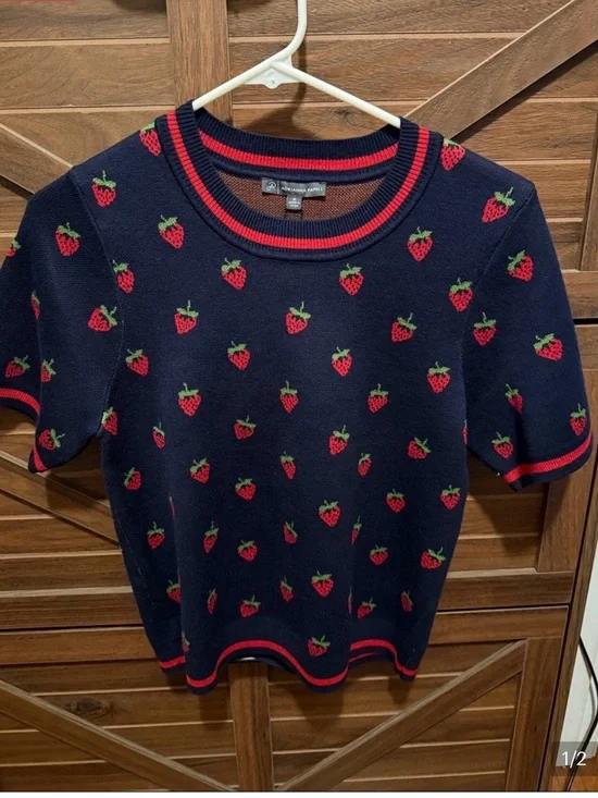Adrianna Papell Navy Knit Crewneck Sweater with Red Strawberry Motif