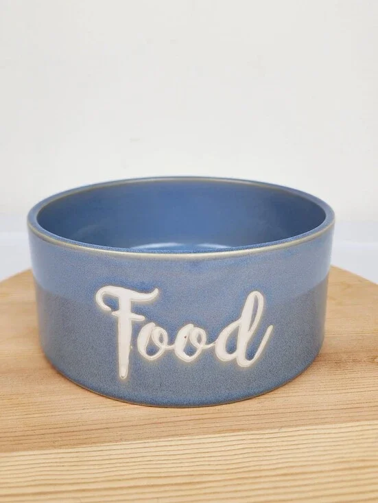 Wilfred & Lily Blue Ceramic Dog Food Bowl with 'Food' Embossed Script