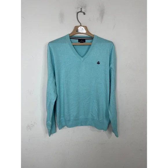 Brooks Brothers‎ Mens V-Neck Sweater Light Blue Supima Cotton Size M Logo Knit