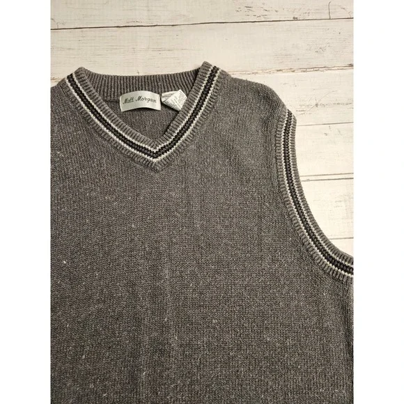 Matt Morgan‎ Mens Gray V-Neck Sweater Vest Ramie Cotton Knit Striped Trim Large