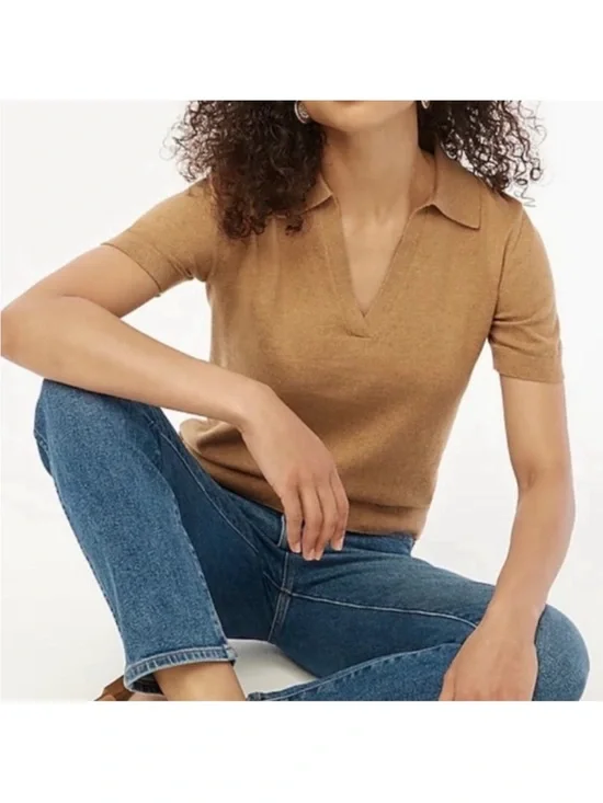 J. Crew Warm Cognac Cashmere-Blend Polo V-Neck Short Sleeve Sweater Size Small