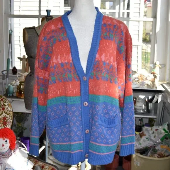 Vintage 90s Lindsay Gray Knit Cardigan Oversized Colorblock Grandpa M