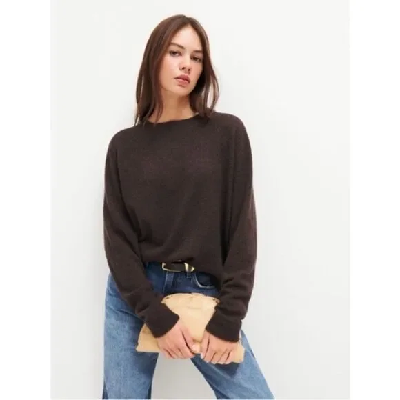 Reformation Cashmere Boyfriend Knit Crew Neck Sweater Compost Brown