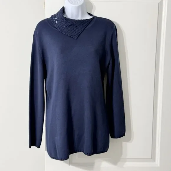 Adrianna Papell Blue Embellished Mock Neck Wool Pullover Sweater Size Medium