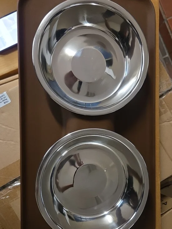 Double Stainless Steel Pet Bowls on Brown Feeding Tray
