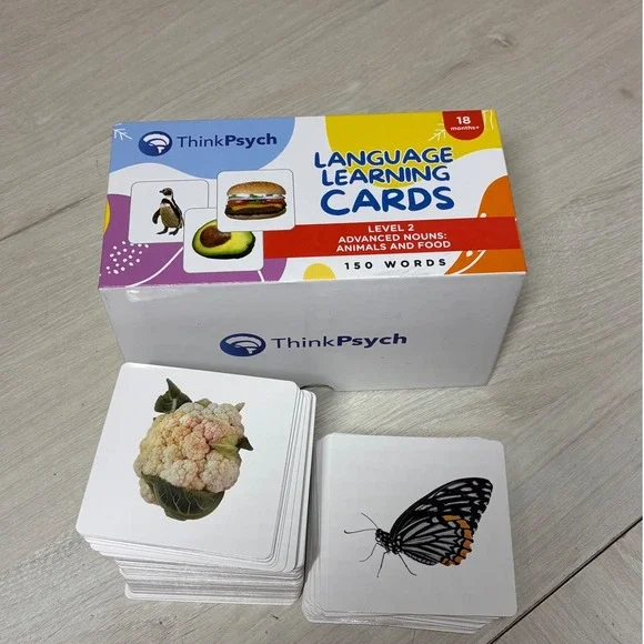 ThinkPsych Language Learning Cards Level 2 Advanced Nouns Animals Food 150 Words