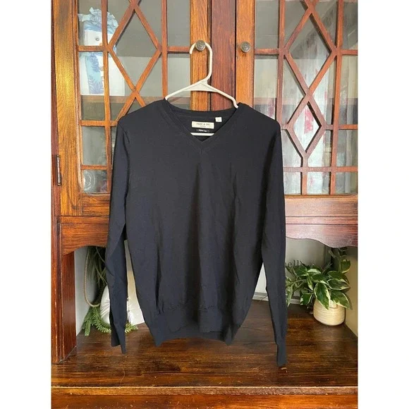 FRANK & OAK Mens V Neck Sweater Premium Wool Black Size Small‎
