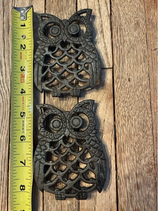Vintage 1970s cast iron owl trivets-pair-made in Tawain